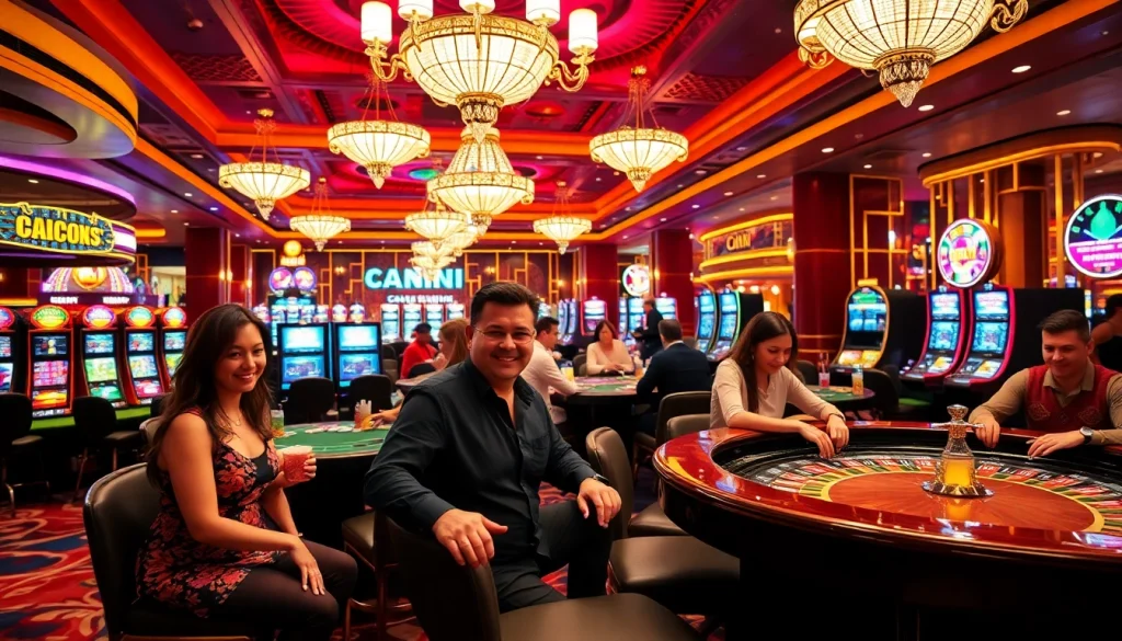 Kasinojitu menyajikan suasana kasino yang meriah dengan pemain bahagia dan meja permainan.