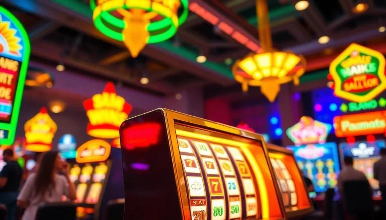 Putaran slot yang berkilauan di kasino yang ramai dan penuh warna.