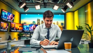 Capture the essence of journalism at https://www.slavicsac.com with a journalist reporting news in a modern newsroom.