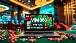 Engage with MM88 platform through a sleek laptop and vibrant casino-themed props.