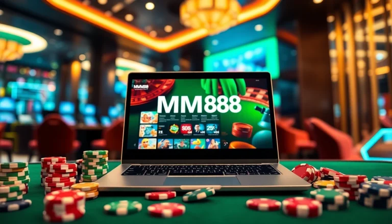 Engage with MM88 platform through a sleek laptop and vibrant casino-themed props.