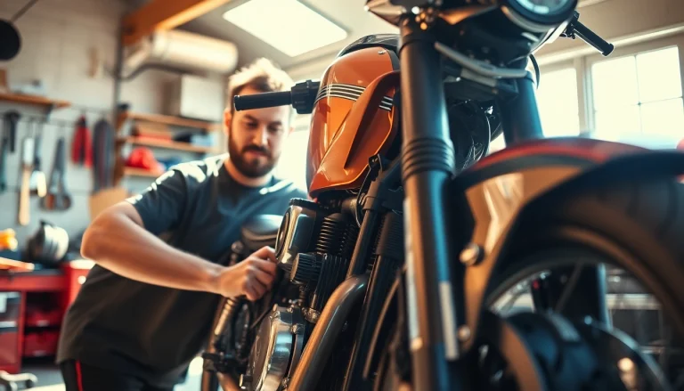 Motorrad fröhlich an einer Sonnenlicht-garage.