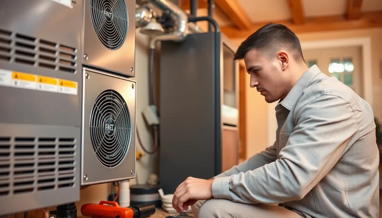 HVAC technician examining heating system at https://nobleheatingairservices.com.