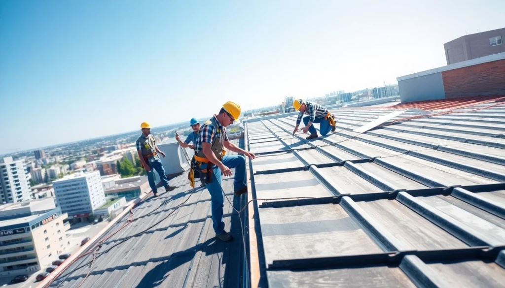 Engaging view of commercial roofing services being performed with a team at work on a building.