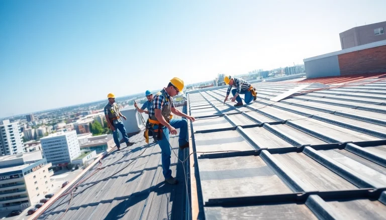 Engaging view of commercial roofing services being performed with a team at work on a building.