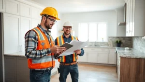 Remodeling contractor examining plans in a stylish kitchen renovation.