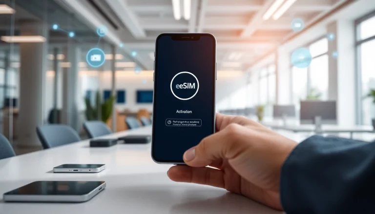 Activate your eSIM easily with the guide from https://esimfo.com on a modern smartphone in an office.