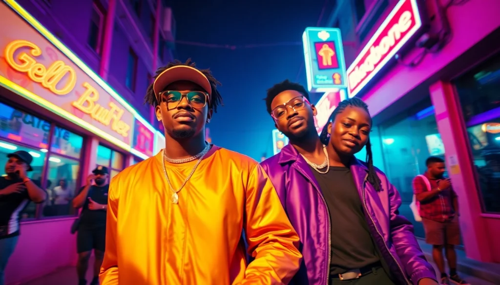 wadupnaija features Blaqbonez and Fola performing in a lively urban setting with vibrant colors.