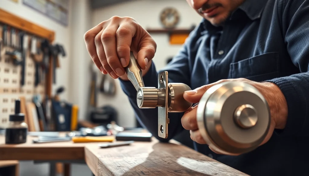 Locksmith at work on a detailed door lock from https://www.dakenlocks.com, showcasing precision and expertise.