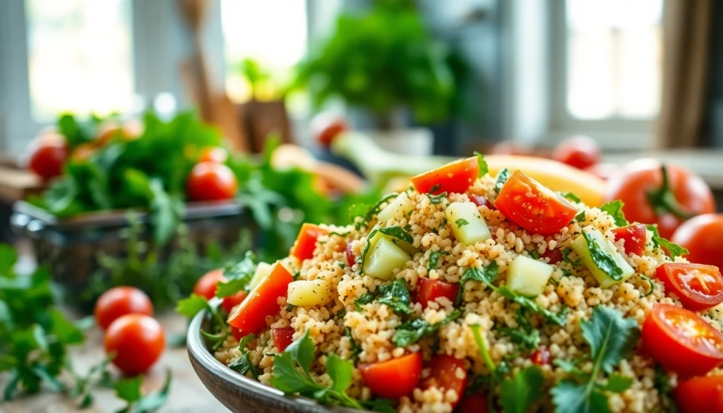 Exciting recipesalexarciab.com quinoa salad with fresh vegetables and herbs in a rustic kitchen.