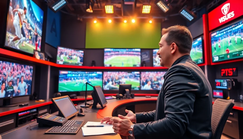 스포츠중계의 열정적인 방송 장면, 다양한 스포츠가 화면에 표시됨