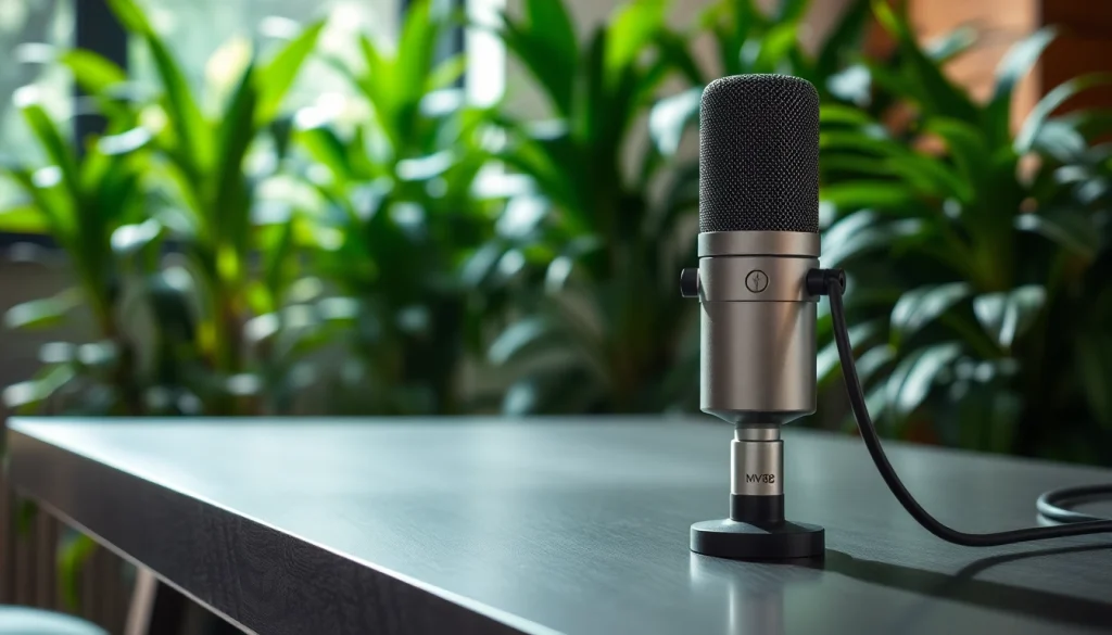 Capture the outstanding MV88 microphone in a vibrant studio setup, showcasing its professional features.