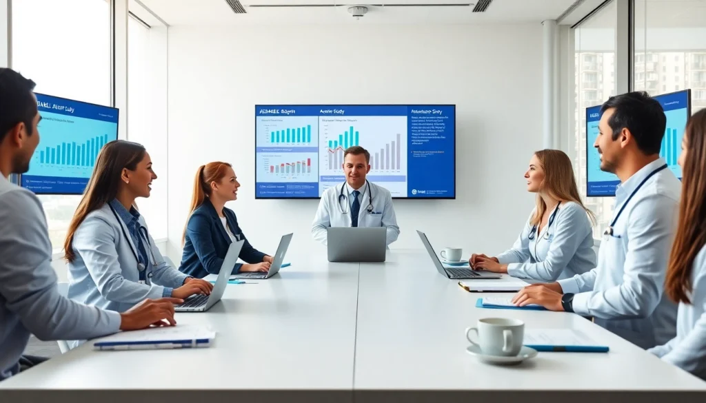 Researchers collaborating on the ADAPTABLE Aspirin Study in a modern office setting.