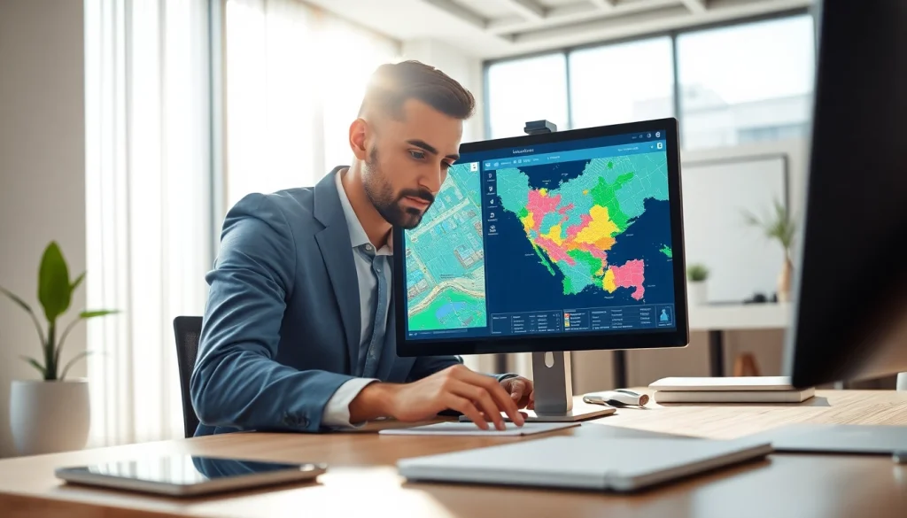 Real Estate agent analyzing listings in a modern office with a computer and bright lighting.