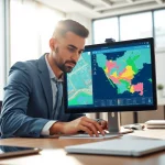 Real Estate agent analyzing listings in a modern office with a computer and bright lighting.