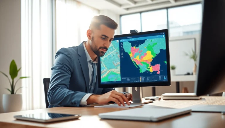 Real Estate agent analyzing listings in a modern office with a computer and bright lighting.