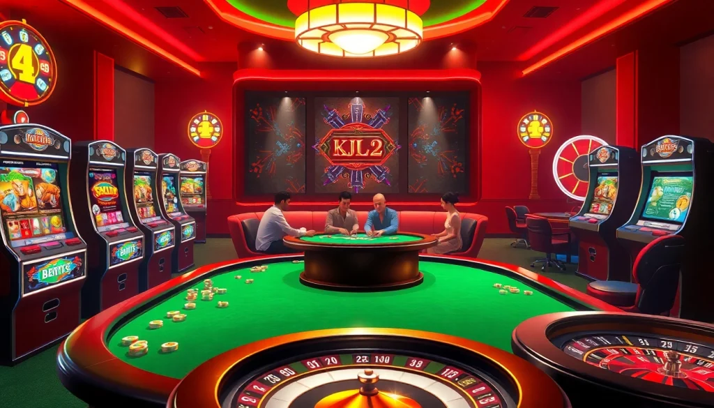 KJC AC 2 drives excitement at a lively poker table surrounded by colorful slot machines and roulette.