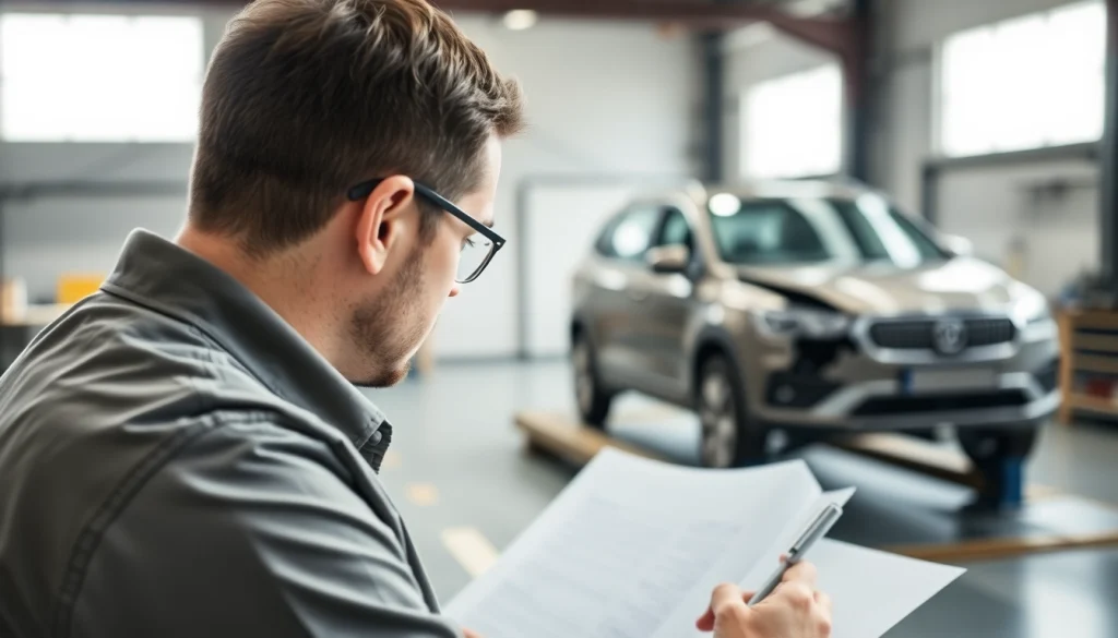 KFZ Gutachter Aachen bewertet Schäden an einem Fahrzeug in der Werkstatt.