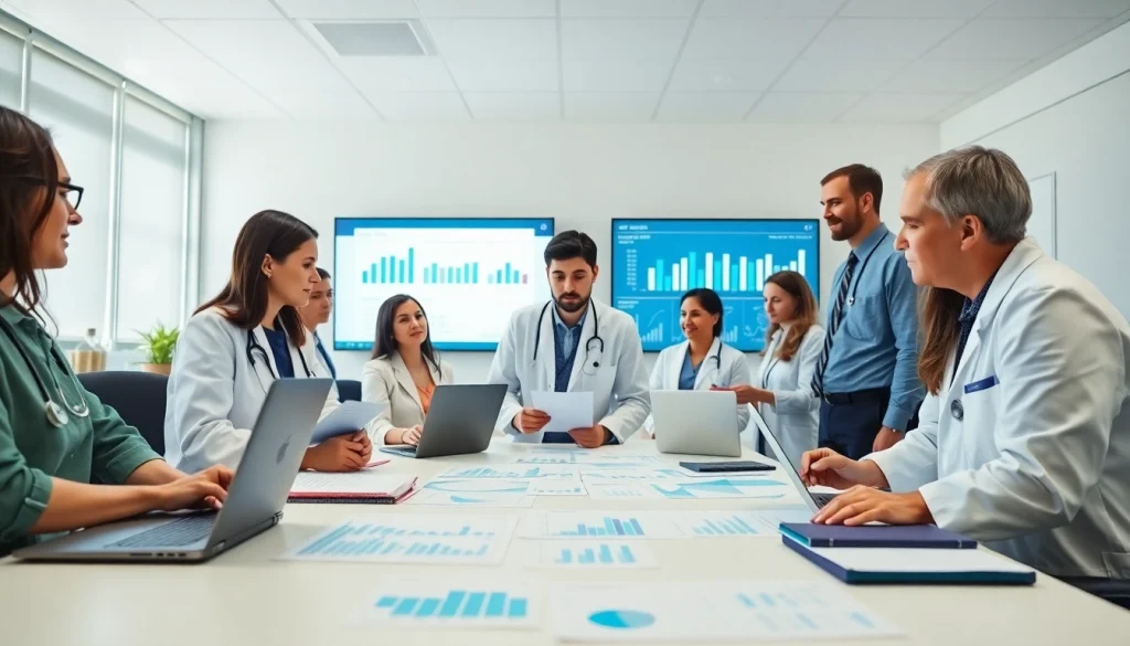 Researchers collaborating on the ADAPTABLE Aspirin Study in a professional setting