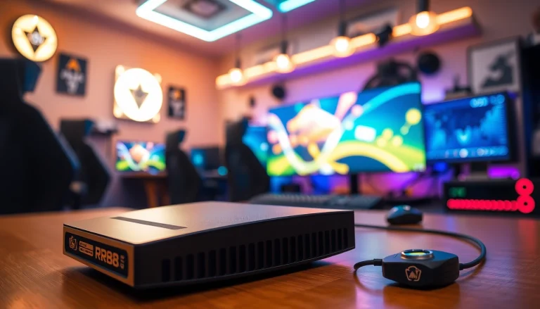 Engaging gaming setup with RR88 prominently displayed, showcasing modern design and vibrant atmosphere.