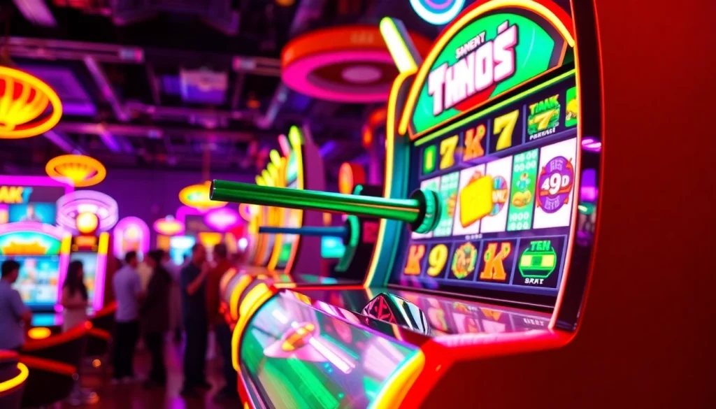 Bermain tank4d toto slot dengan mesin slot yang dinamis dan grafis berwarna-warni di arcade futuristik.