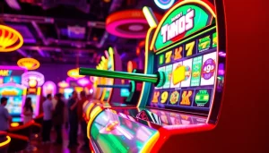 Bermain tank4d toto slot dengan mesin slot yang dinamis dan grafis berwarna-warni di arcade futuristik.