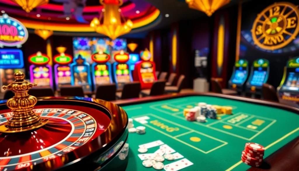 A thrilling gambling scene at https://xx88.pizza/ with poker chips, a roulette wheel, and players engaged in high-stakes bets.
