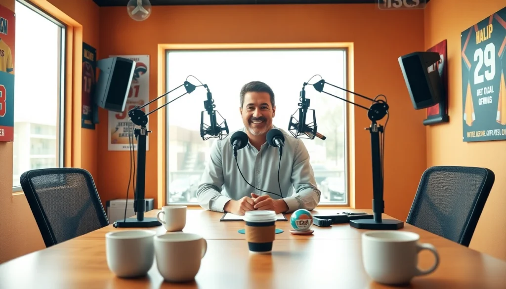 Engaging view of a radio studio at https://www.westcentralsbest.com showcasing a charismatic sports director during a broadcast.