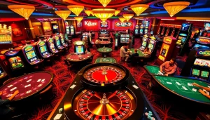 KJC AC casino scene with players engaged at roulette and poker tables.