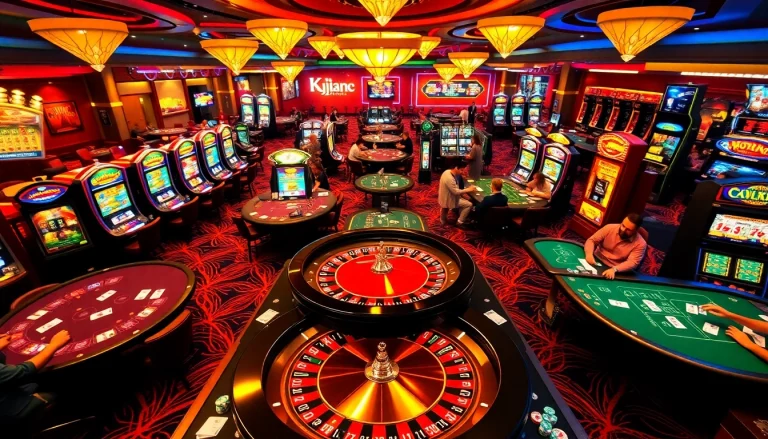 KJC AC casino scene with players engaged at roulette and poker tables.