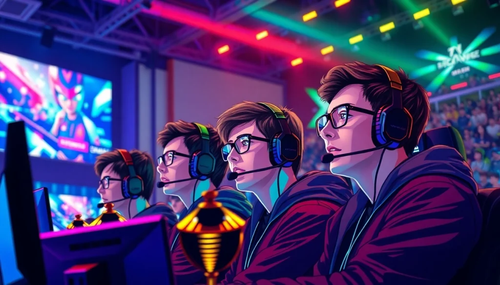 Capture of professional gamers at https://gamelevate.com esports arena, showcasing intense competition.