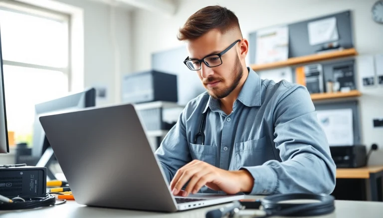 View of a technician solving a computer issue at https://computerhilfe-24.at, surrounded by tools for effective service.