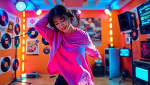 K-pop artist performing vibrantly in a studio, reflecting the essence of https://www.kpopangel.com with dynamic energy.