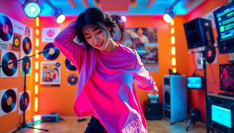K-pop artist performing vibrantly in a studio, reflecting the essence of https://www.kpopangel.com with dynamic energy.