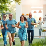 Health-focused scene showcasing a diverse group engaged in fitness and nutrition activities.