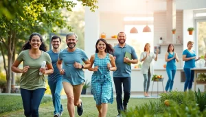 Health-focused scene showcasing a diverse group engaged in fitness and nutrition activities.