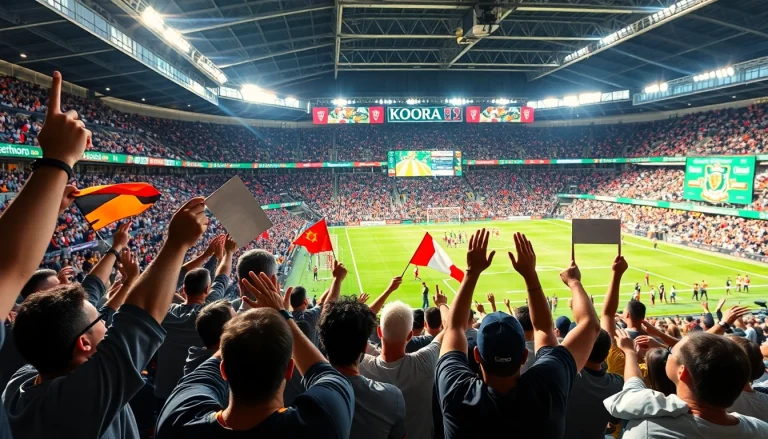 Experience Koora live with an energetic crowd in a vibrant stadium cheering for their teams.