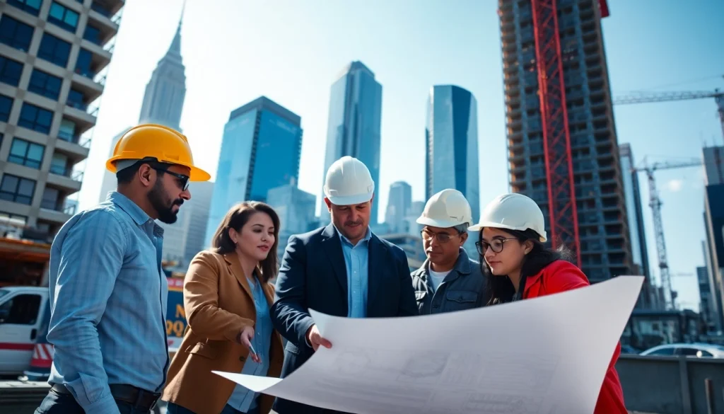 Focused team of New York General Contractor professionals reviewing blueprints amidst a construction site.
