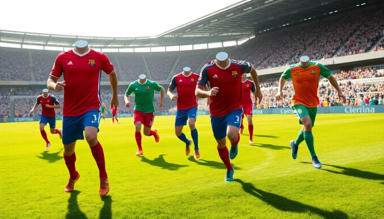 Showcasing vibrant football kits worn by players in action during an exciting match