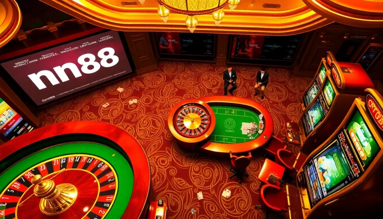 mm88 showcases an exciting casino scene with a roulette wheel, poker table, and vibrant slot machines.