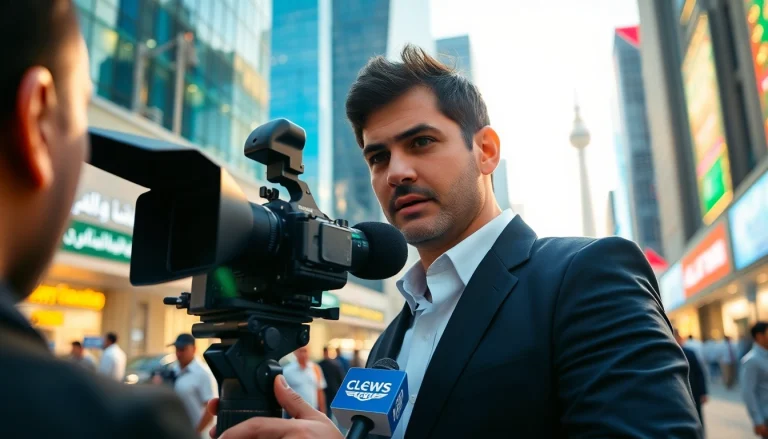 تغطية الأحداث لحظة بلحظة بواسطة https://saudiwadi.com مع خلفية الحي الحضري النابض بالحياة.