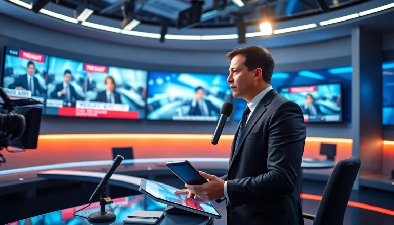 Breaking news journalist reporting live from https://saudiwadi.com in a high-tech newsroom.