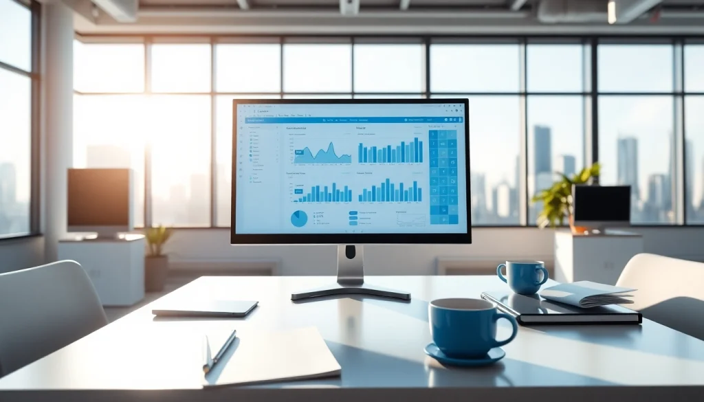Analyze performance metrics through a modern interface at https://benchbot.ai in a vibrant office environment.