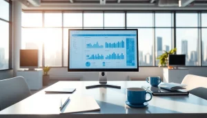Analyze performance metrics through a modern interface at https://benchbot.ai in a vibrant office environment.