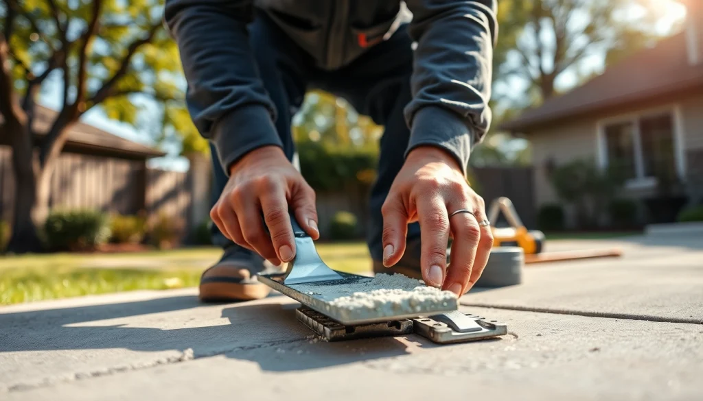 Concrete Leveling in Roseburg showing a technician applying leveling compound expertly.