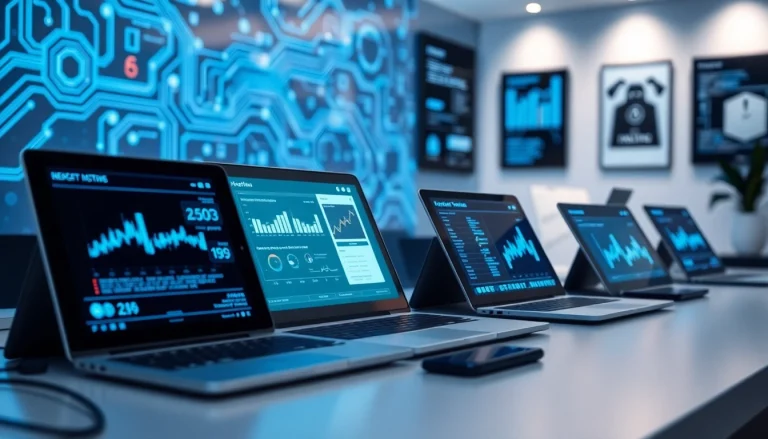 Showcasing Technology tools in a modern digital workspace with sleek devices and data-driven graphics.
