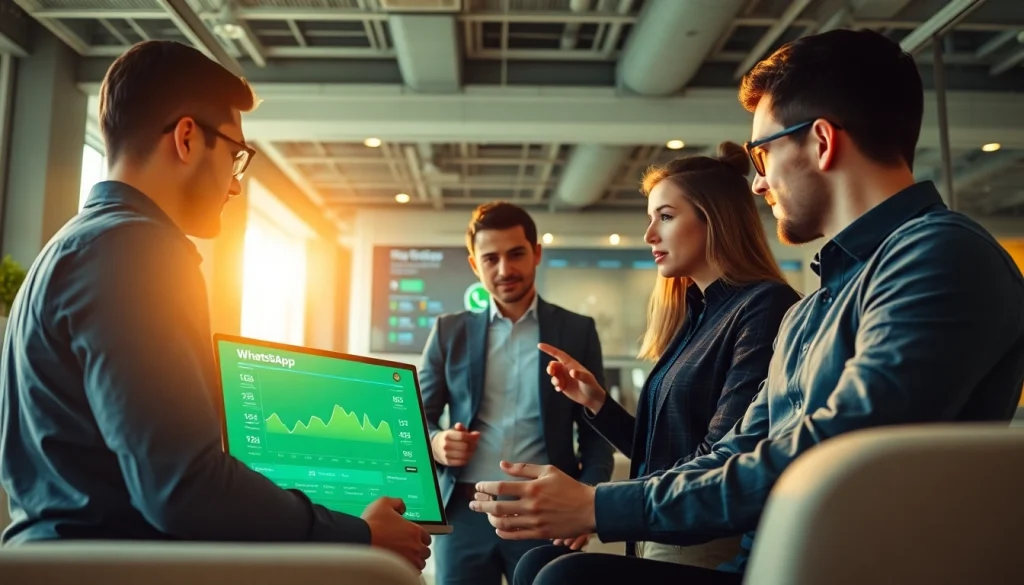 Analyze WhatsApp API integration strategies with a tech-savvy business team in a vibrant setting.