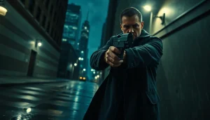 Gripping action thriller scene featuring a detective in an intense urban setting.