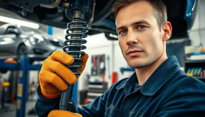 Stoßdämpfer wechseln berlin: Mechaniker wechselt Stoßdämpfer in einer professionellen Werkstatt.