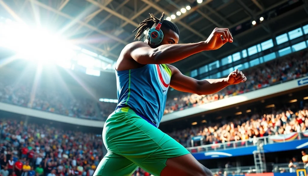 Un athlète dynamique pratiquant le pa-sport avec énergie dans un stade ensoleillé.